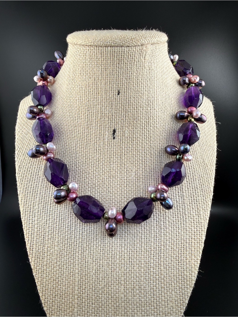 Genuine Amethyst stone and Fresh Water Pearl Cluster Necklace - Women Jewelry